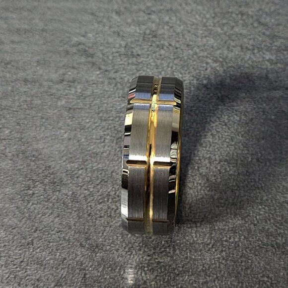 Personalized Mens Real Tungsten Promise Ring Brushed Steel 14k Gold Grooves - Picture 11 of 12
